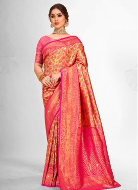 Banarasi Silk Gold and Rose Pink Trendy Classic Saree