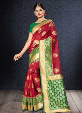 Banarasi Silk Green and Red Contemporary Style Saree For Festival