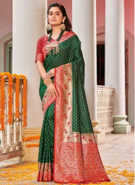 Banarasi Silk Green and Red Designer Contemporary Style Saree