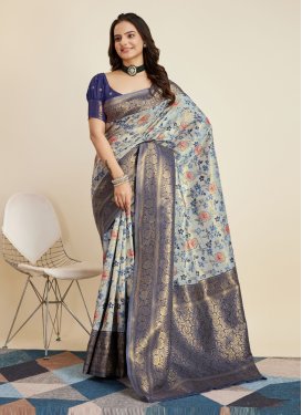 Banarasi Silk Grey and Navy Blue Trendy Classic Saree