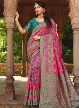 Banarasi Silk Hot Pink and Teal Woven Work Traditional Designer Saree