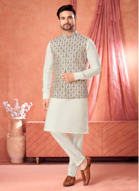 Banarasi Silk Kurta Pajama With Jacket in Cream with Embroidered Work for Men