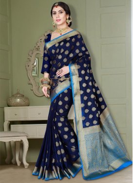 Banarasi Silk Light Blue and Navy Blue Thread Work Contemporary Style Saree