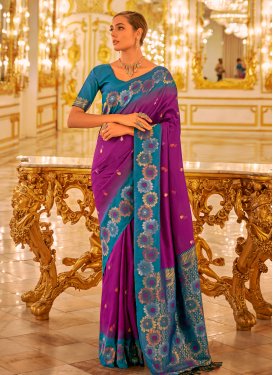 Banarasi Silk Light Blue and Purple Trendy Classic Saree For Ceremonial