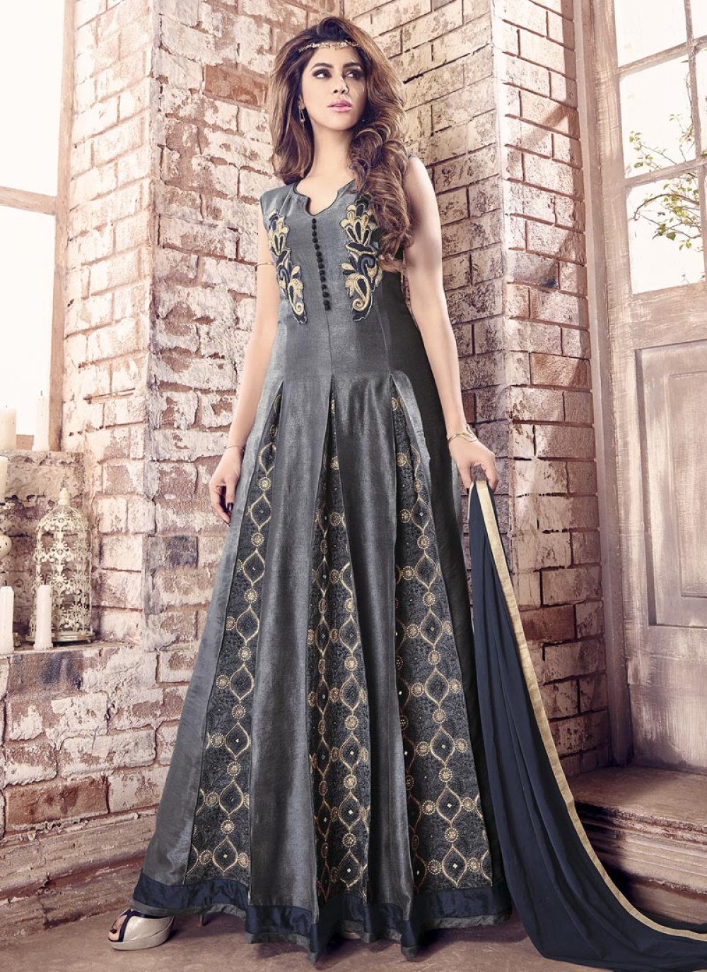 Dark Grey Banarasi Silk Fabric Occasion Wear Anarkali Suit With Embroidery  Work