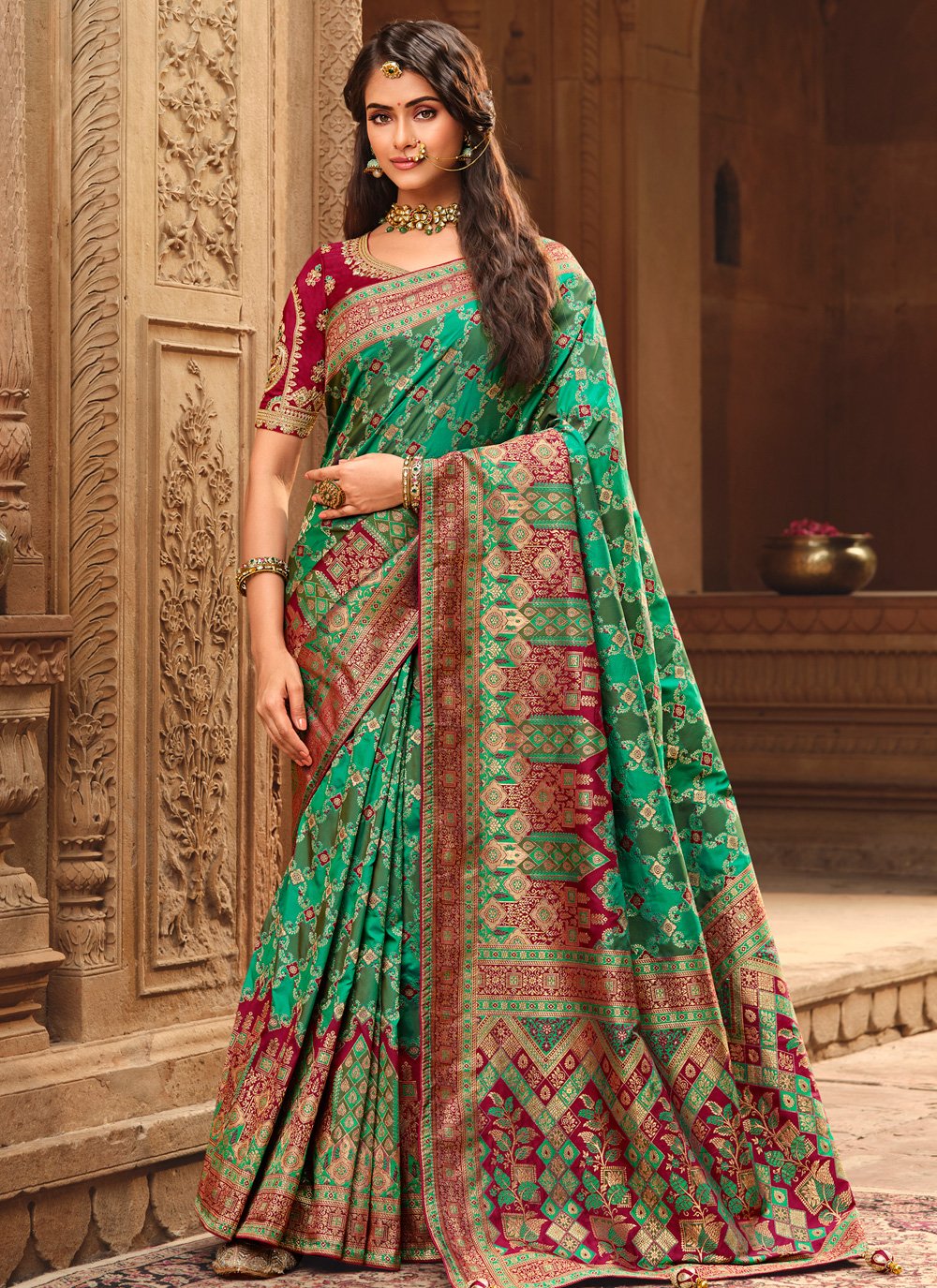 Maroon with Dark Green Designer Banarasi Saree withStunning Paithani Pallu  | TST | The Silk Trend