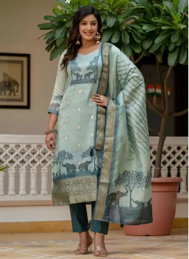 Banarasi Silk Readymade Salwar Suit with Woven Work for Festival in Aqua Blue and Teal