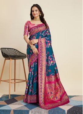Banarasi Silk Rose Pink and Teal Designer Contemporary Style Saree