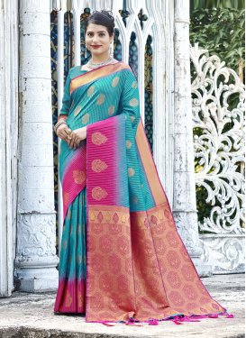 Banarasi Silk Rose Pink and Turquoise Traditional Designer Saree