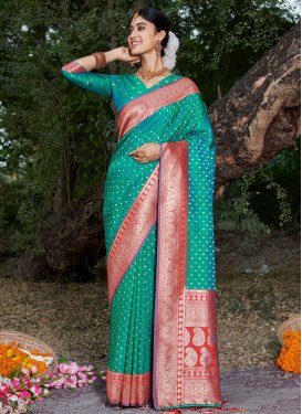 Banarasi Silk Sea Green and Tomato Woven Work Designer Contemporary Saree