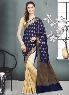 Banarasi Silk Thread Work Cream and Navy Blue Half N Half Trendy Saree