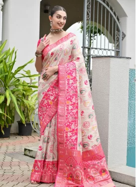 Banarasi Silk Traditional Saree with Woven Work for Ceremonial in Off White and Rose Pink