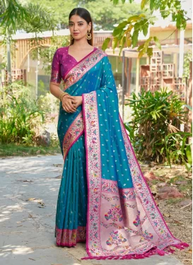Banarasi Silk Traditional Saree with Woven Work in Magenta and Teal for Party