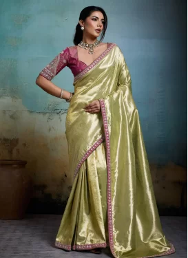 Banarasi Silk Trendy Saree with Embroidered Work in Mint Green for Festival