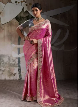 Banarasi Silk Trendy Saree with Embroidered Work in Rose Pink for Festival