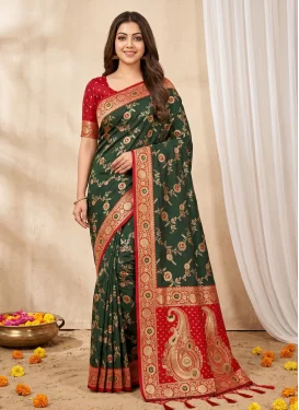 Banarasi Silk Trendy Saree with Woven Work for Women in Bottle Green