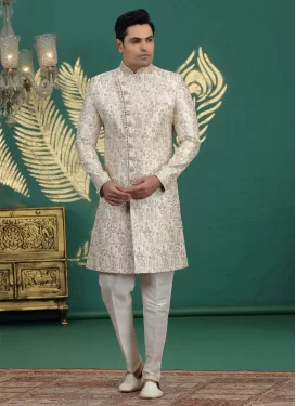 Banarasi Silk Wedding Sherwani in Cream with Embroidered Work for Ceremonial