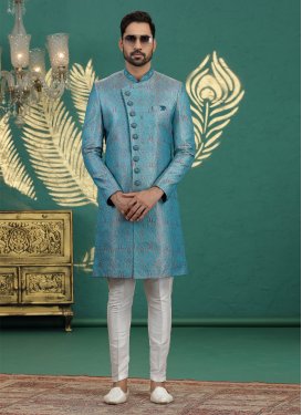 Banarasi Silk Wedding Sherwani in Light Blue and Off White with Cutdana Work for Ceremonial