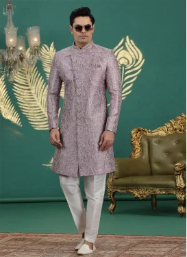 Banarasi Silk Wedding Sherwani in Off White and Violet with Embroidered Work for Festival