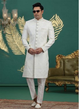 Banarasi Silk Wedding Sherwani with Embroidered Work in Off White