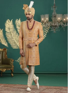 Banarasi Silk Wedding Sherwani with Resham Work in Beige and Mustard