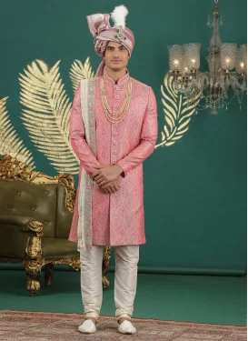 Banarasi Silk Wedding Sherwani with Resham Work in Beige and Salmon for Ceremonial