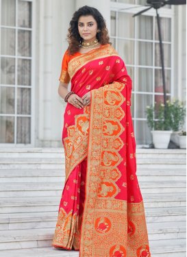 Banarasi Silk Woven Work Orange and Red Designer Contemporary Style Saree
