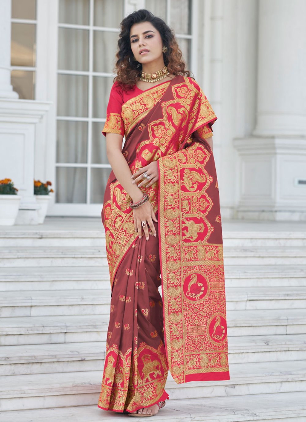 Banarasi Silk Woven Work Rose Pink and Wine Designer Traditional Saree