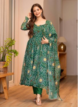 Bandhani Print Work Anarkali Suit For Ceremonial in Green