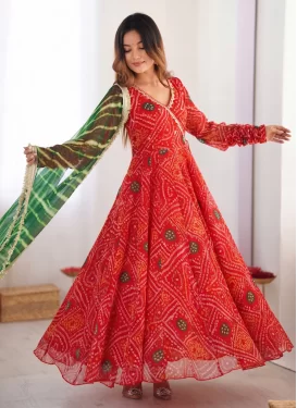 Bandhani Print Work Anarkali Suit For Festival in Red
