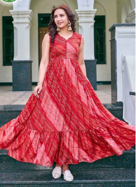 Bandhani Print Work Chinon Trendy Gown in Pink and Red for Ceremonial
