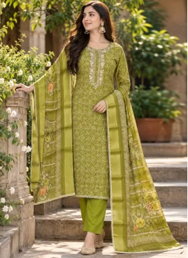 Bandhani Print Work Cotton Silk Straight Suit in Olive for Women