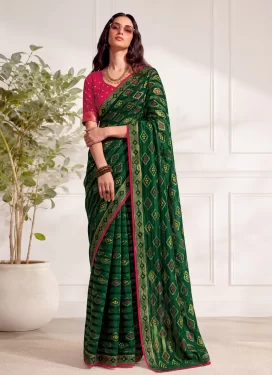 Bandhani Print Work Fancy Fabric Trendy Saree in Green for Ceremonial