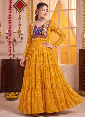 Bandhani Print Work Georgette Designer Gown in Mustard for Festival