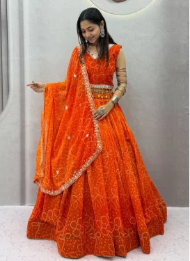 Bandhani Print Work Georgette Readymade Lehenga Choli in Orange for Women