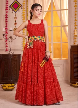 Bandhani Print Work Georgette Trendy Gown in Red for Party