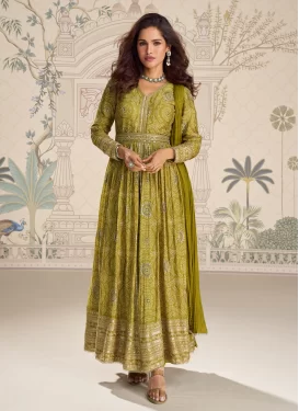 Bandhani Print Work Readymade Salwar Suit For Festival in Olive