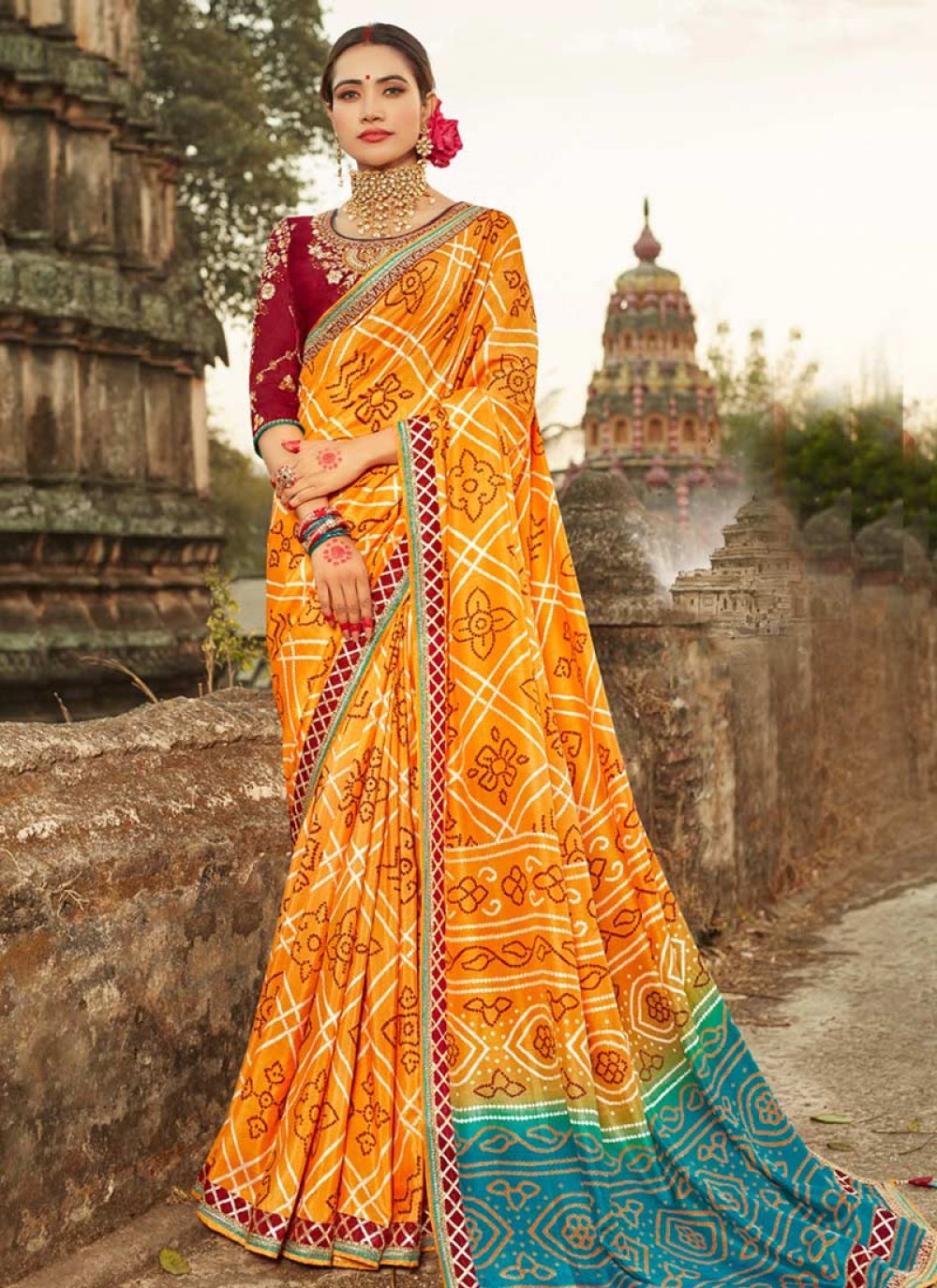 Buy Bandhej Print Work Designer Contemporary Style Saree Online