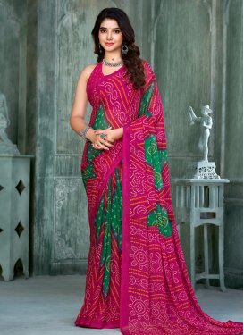 Bandhej Print Work Green and Rose Pink Traditional Designer Saree