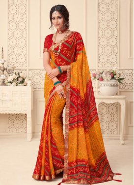 Bandhej Print Work Orange and Red  Traditional Designer Saree