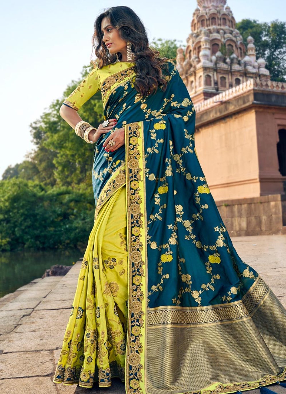 Modest Wear Beads Embroidered Georgette Yellow Fancy Saree SARV145379