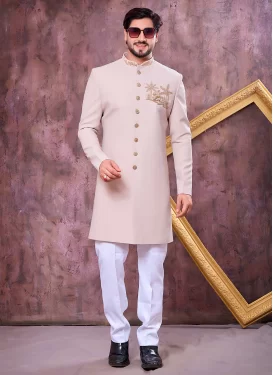 Beads Work Art Silk Indo Western in Beige and White for Men