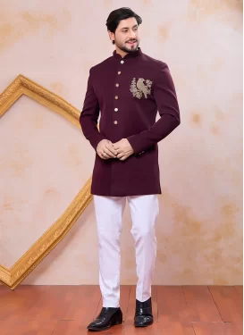 Beads Work Art Silk Indo Western in Maroon and White for Men
