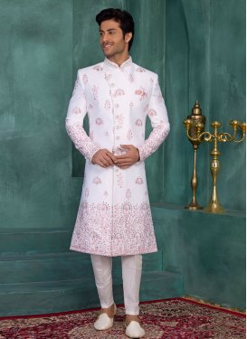Beads Work Art Silk Wedding Sherwani in White for Festival