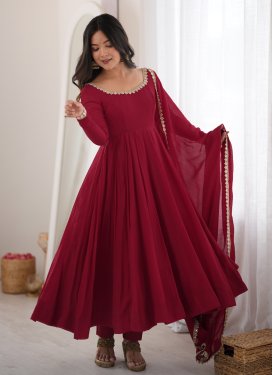 Beads Work Chanderi Silk Anarkali Suit in Red for Women