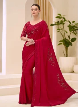 Beads Work Chiffon Satin Classic Saree in Red for Women