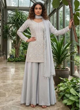 Beads Work Chinon Palazzo Suit in Silver Color for Women