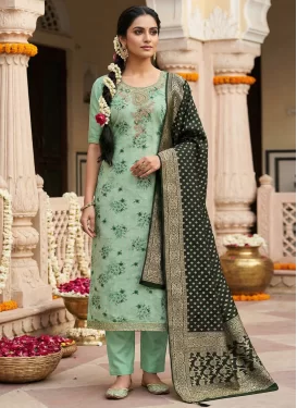 Beads Work Cotton Silk Straight Suit in Aqua Blue for Women