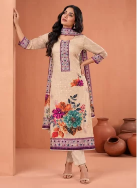 Beads Work Cotton Silk Straight Suit in Beige for Women