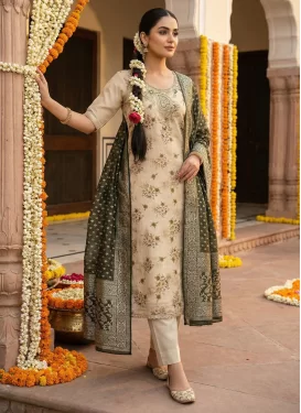 Beads Work Cotton Silk Straight Suit in Cream for Women
